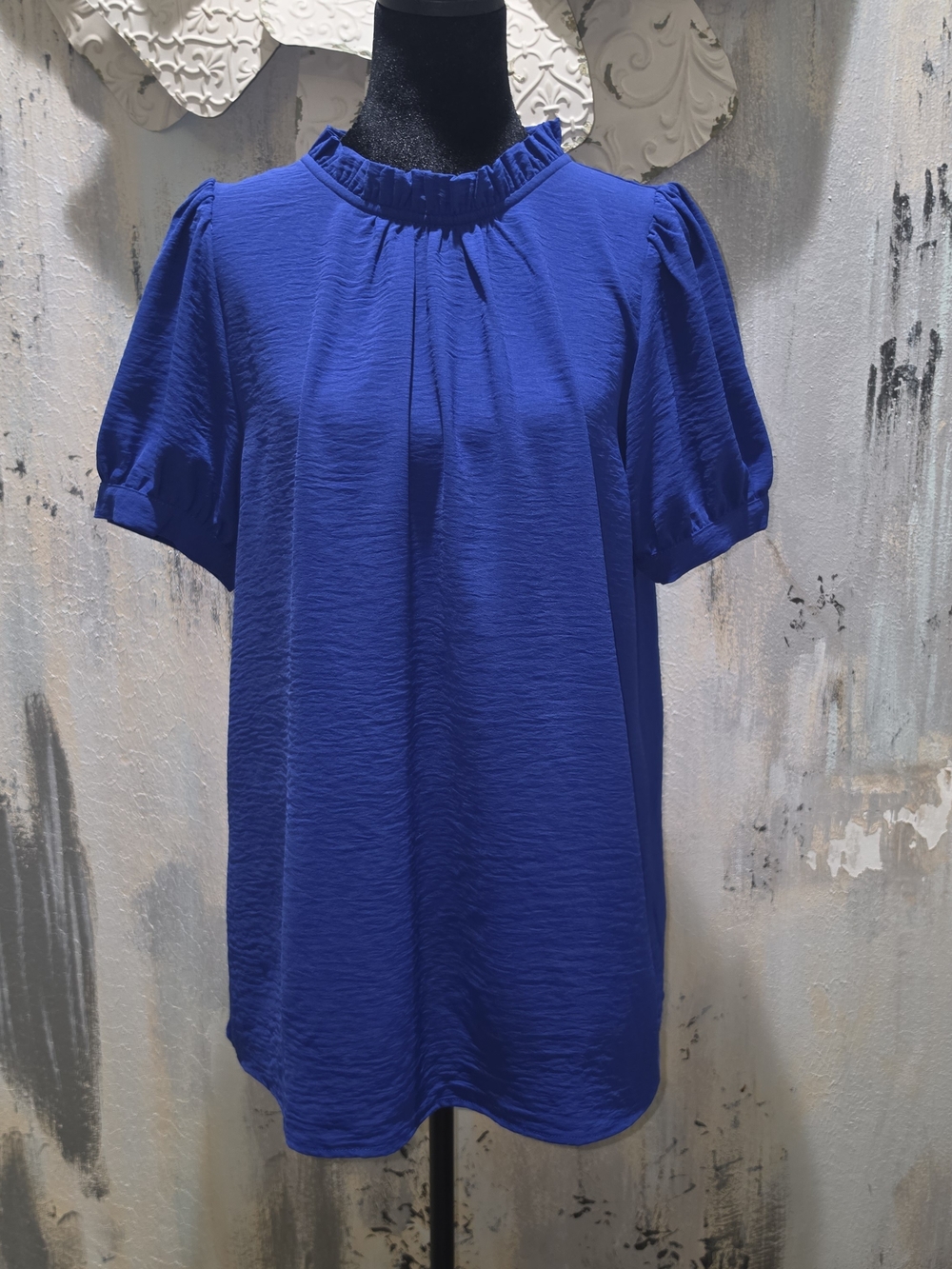 JODIFL Cobalt Ruffle-Neck Short Sleeve Blouse Size Large